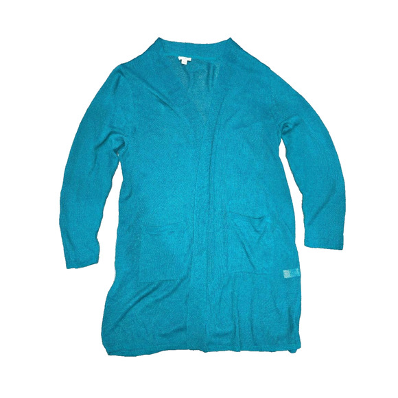 J. Jill Aqua Blue Open Knit linen Face Long Cardigan Sweater Pockets XL A003265 - Picture 2 of 10